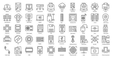 Hardware Thin Line Icons Computer Technology Icon Set in Outline Style 50 Vector Icons in Black