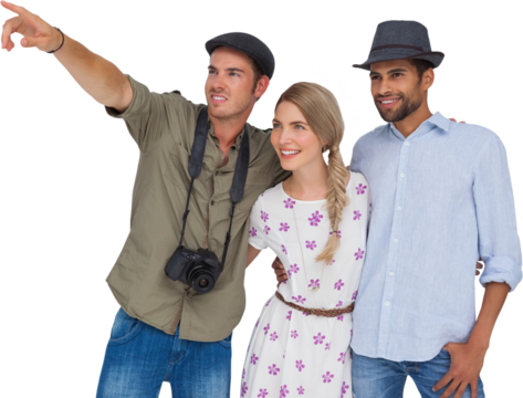 Photographer pointing to something with friends - Powered by Adobe