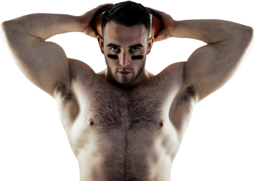 Shirtless American football player with ball - Powered by Adobe