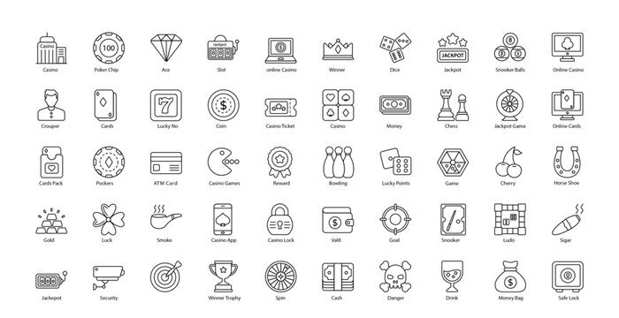 Casino Thin Line Icons Gambling Gamble Game Icon Set in Outline Style 50 Vector Icons in Black