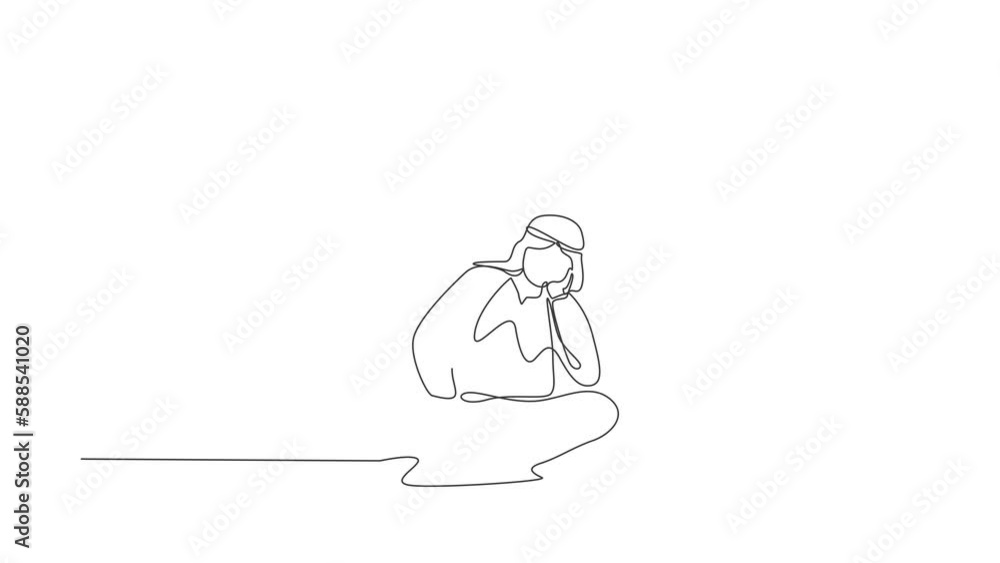 Poster self drawing animation of single line draw arab businessman who is asking questions because he gets 