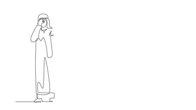 Animated self drawing of continuous line draw financial problems. Depressed Arabian businessman standing thinking about finding money for paying bills during crisis. Full length single line animation