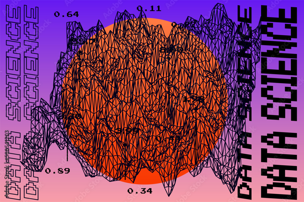 Poster Data visualization in a 3D abstract geometric graph. Analysis and mathematical statistics subject illustration.