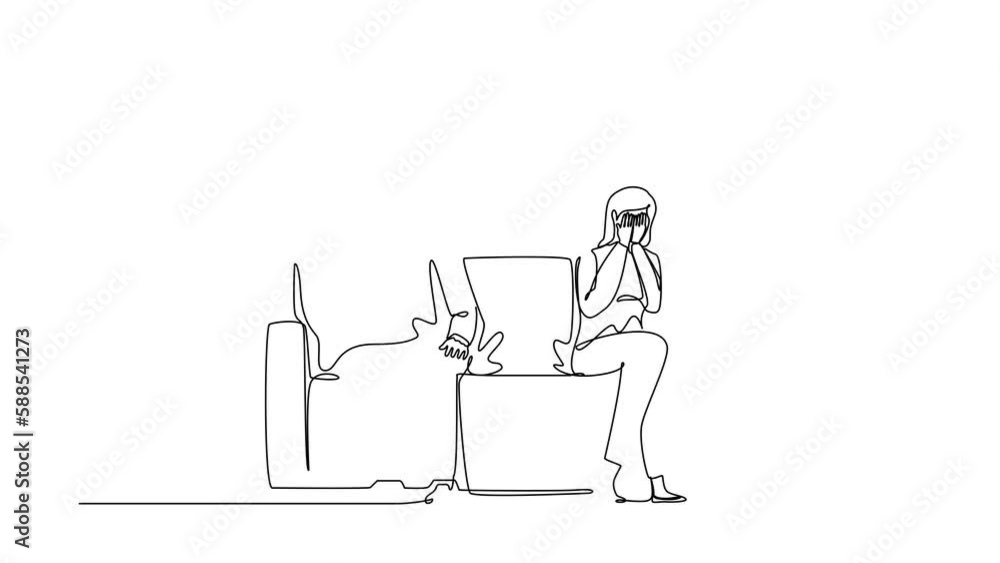 Poster self drawing animation of single line draw sad unhappy husband and wife sitting on couch and keeping