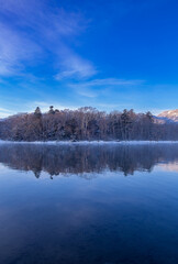 湖畔の森の木々と空を水面に反射する湖。日本の北海道の屈斜路湖。