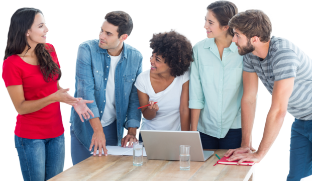 Colleagues gathered around a laptop at office - Powered by Adobe