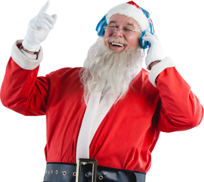 Santa claus listening to music on headphones