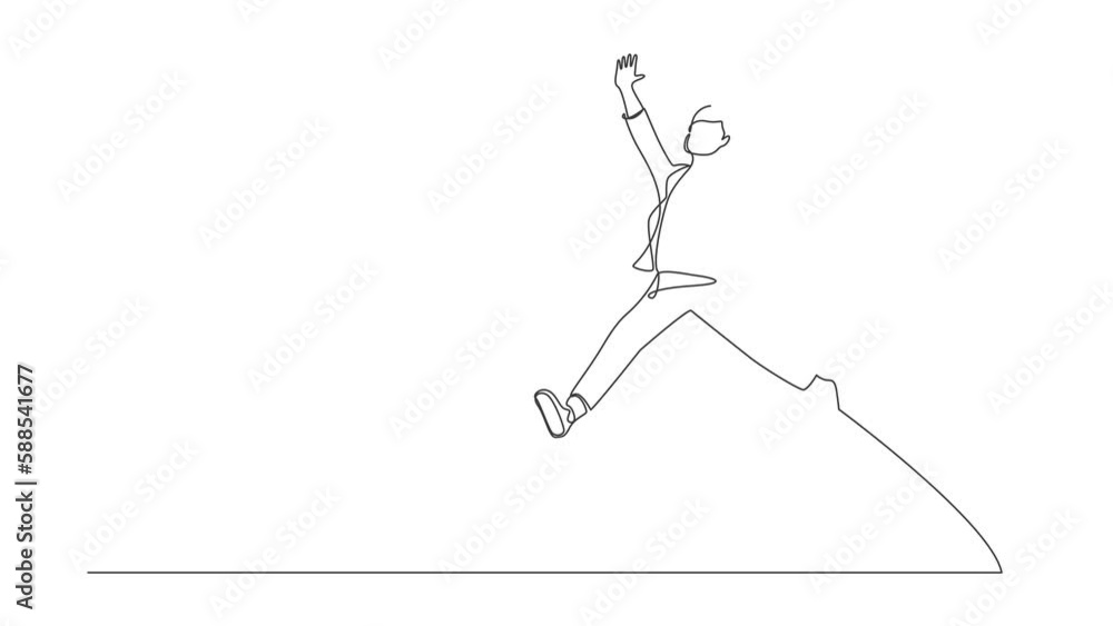 Poster animated self drawing of continuous line draw happy businessman jumping with spreads both legs and r