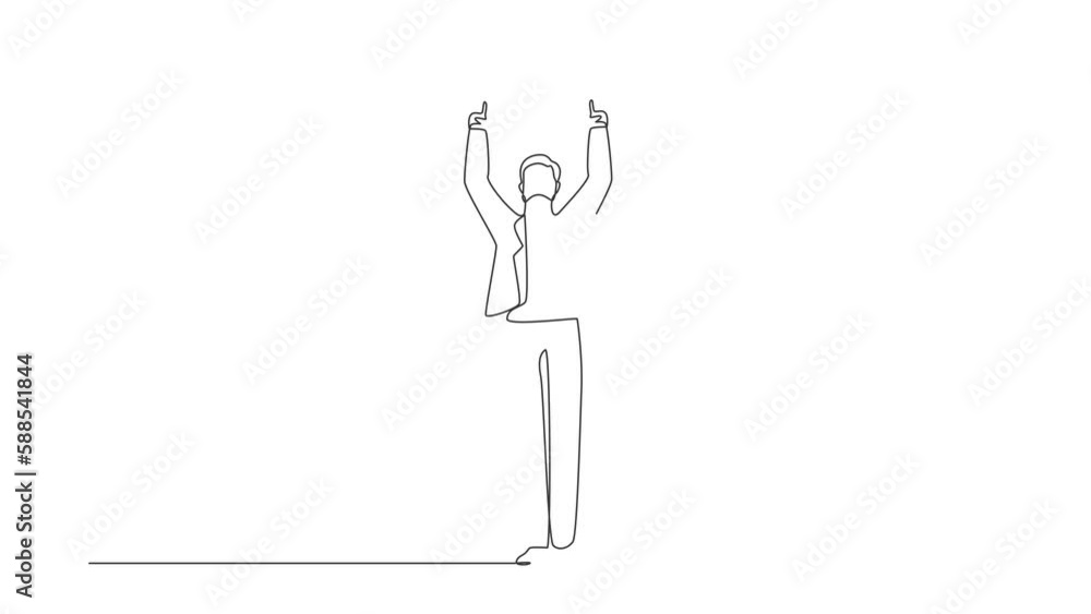 Poster animated self drawing of continuous line draw happy businessman standing and both hands pointing wit