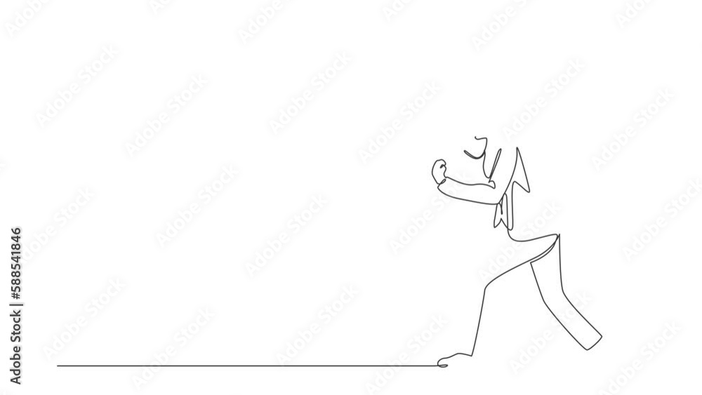 Poster animated self drawing of continuous line draw happy businessman bow and do the gesture yes. office w