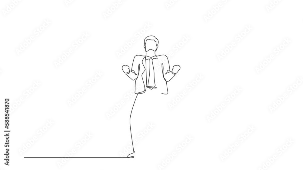 Aufkleber animated self drawing of continuous one line draw happy businessman standing with both hands do gest