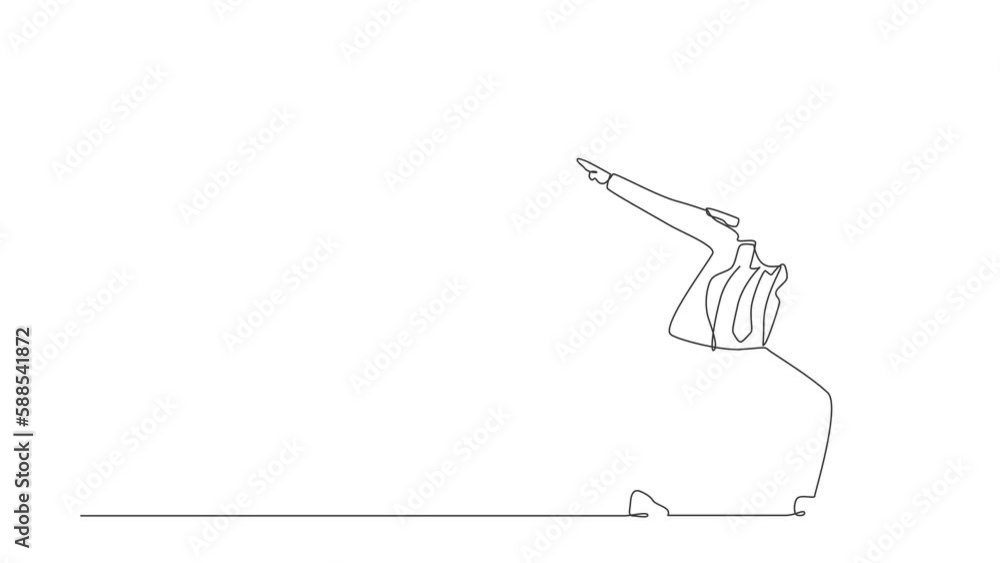 Poster animated self drawing of single continuous line draw happy businessman standing with crossing arms a