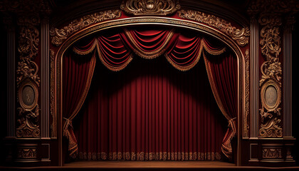 Theater stage with burgundy curtains on both sides. Created with Generative AI technology