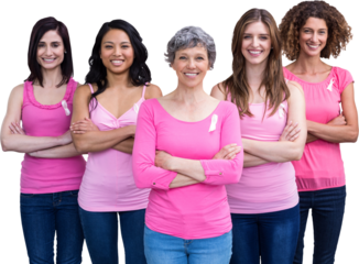 Portrait of smiling females with arms crossed posing for breast cancer awareness