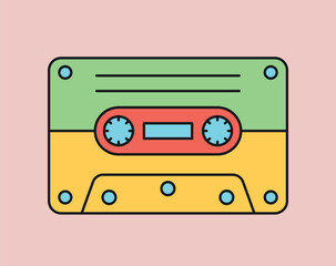 Retro cassette concept. Multicolored inventory for listening to music and storing audio files. Media stereo equipment. Vintage sticker for social media and print. Cartoon flat vector illustration