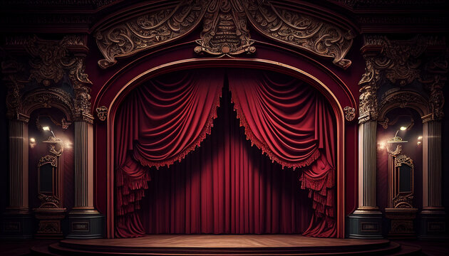 Theater Stage With Burgundy Curtains On Both Sides Created With Generative AI Technology