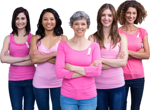 Portrait of smiling females with arms crossed posing for breast cancer awareness