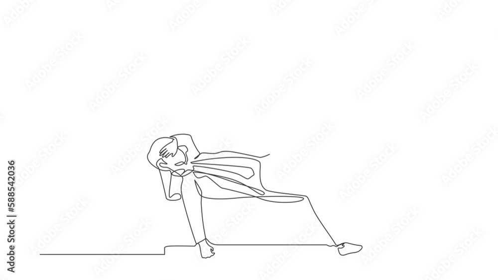 Poster self drawing animation of single line draw businessman sad sleepy mood resting on sofa. frustrated w