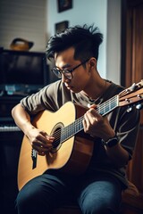 Obraz premium Asian young man learning to play guitar at home. Generative AI vertical shot