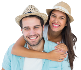 Happy casual man giving pretty girlfriend piggy back