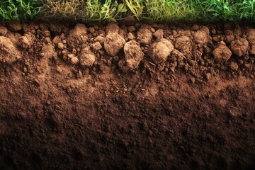 Fertilized soil under ground close up shot. Textured background. Generative AI