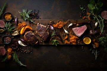 Table top view of fresh meat steaks over dark background. Gourmet food photography. Generative AI