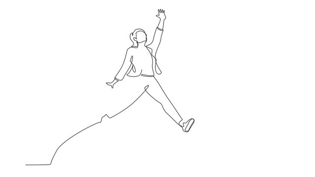 Self drawing animation of single line draw businesswoman jumping with spreads both legs and raises one hand. Saleswoman celebrates salary increase from company. Continuous line. Full length animated