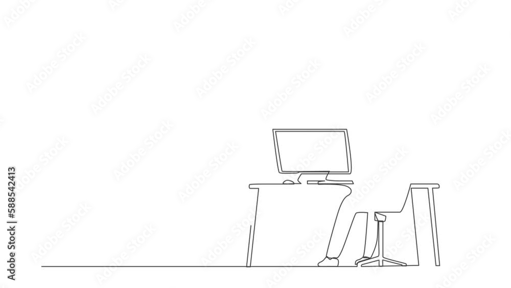 Poster self drawing animation of single line draw back view woman completed task, triumphing with raised ha