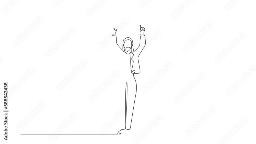 Poster self drawing animation of single line draw businesswoman standing and both hands pointing with index