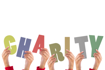 Cropped hands holding colorful word charity 
