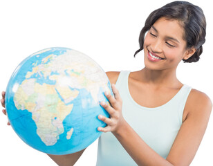 Smiling woman holding globe 