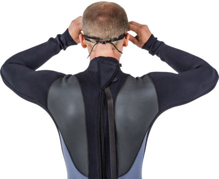 Rear view of swimmer in wetsuit wearing swimming goggles - Powered by Adobe