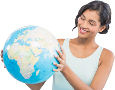 Smiling woman holding globe  - Powered by Adobe