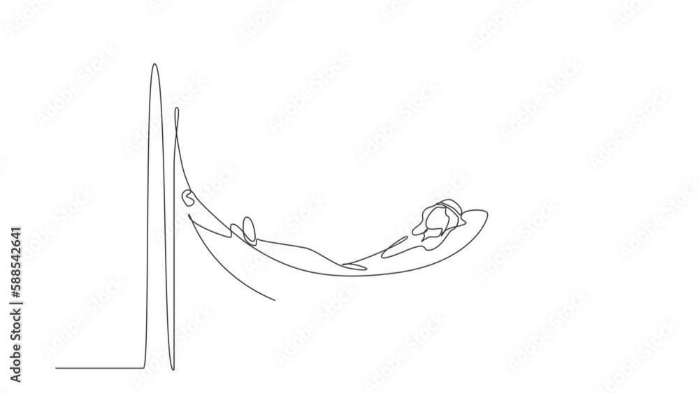 Poster animated self drawing of continuous line draw arabian businessman is lying in hammock and dreaming a