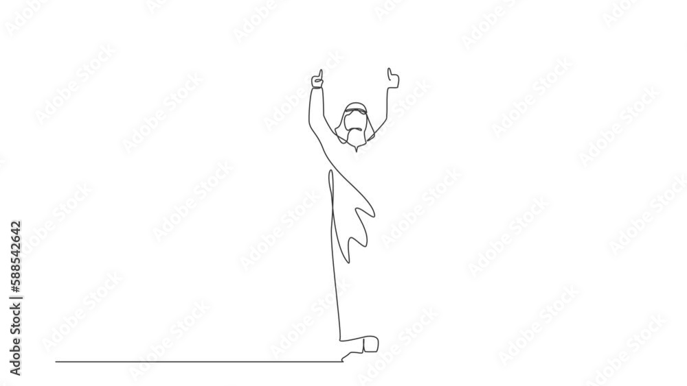 Poster animated self drawing of continuous line draw arab businessman standing and both hands pointing with