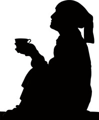 Silhouette of Homeless Female Street Beggar with Cup in Hand