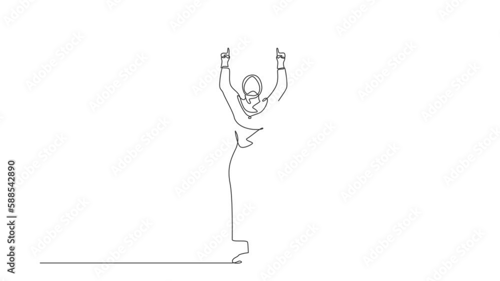 Poster self drawing animation of single line draw businesswoman standing, both hands pointing with index fi