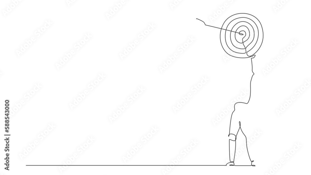 Poster self drawing animation of single line draw robot lifting up big target with accurate arrow. future d