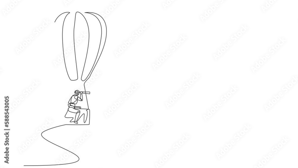 Poster animated self drawing of continuous line draw robots with monocular, ride hot air balloon briefcase.