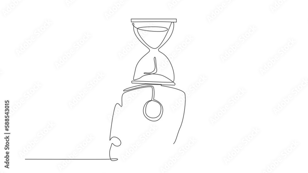 Poster self drawing animation of single line draw robot with hourglass instead of head. future technology d