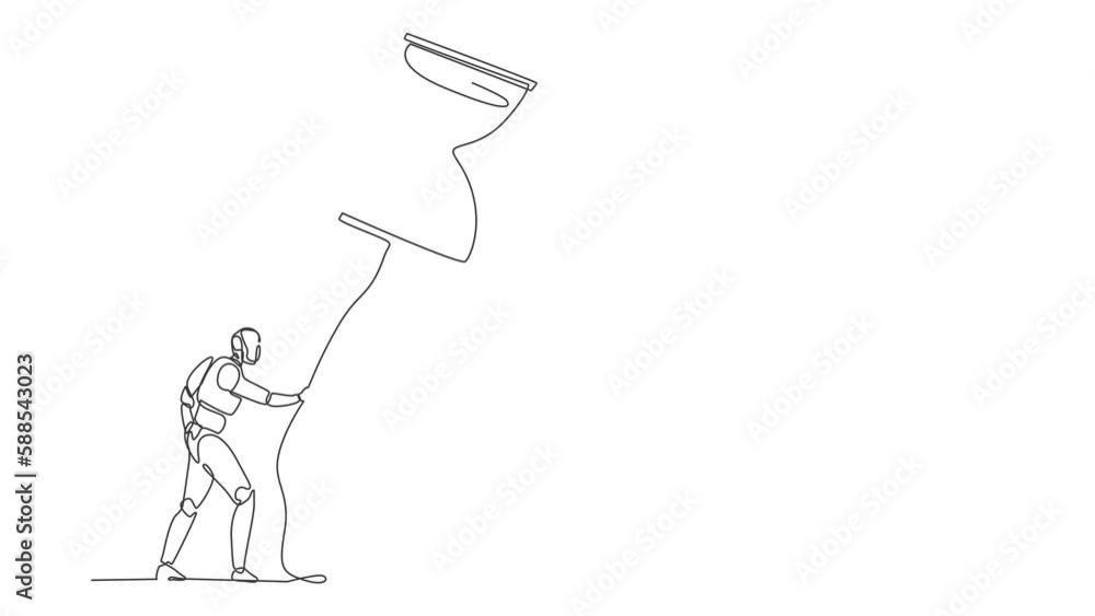 Poster animated self drawing of single continuous line draw robot holding flying hourglass balloon with rop