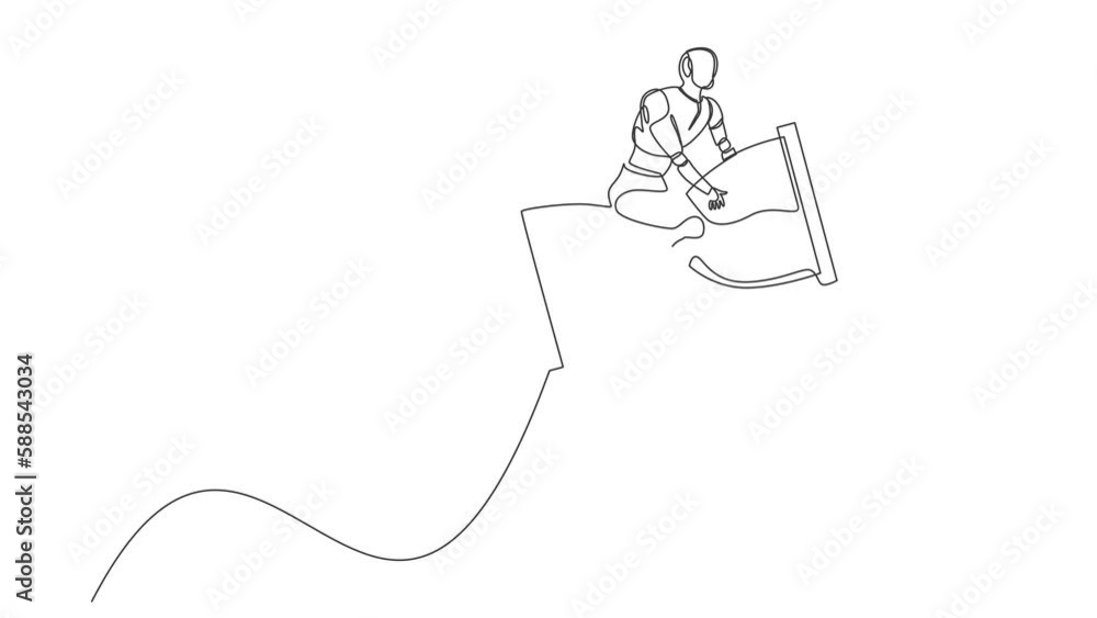 Poster animated self drawing of continuous line draw robot riding and flying with hourglass rockets. humano