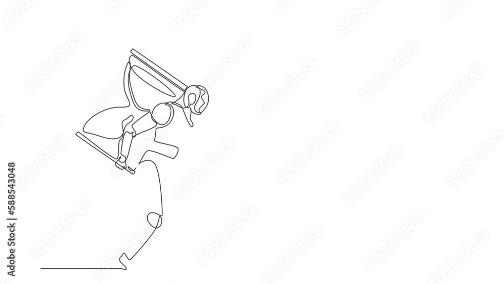 Poster self drawing animation of single line draw robot carrying big hourglass. future technology developme