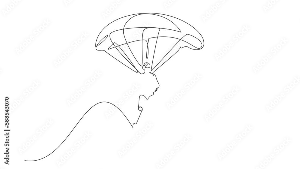Poster animated self drawing of continuous line draw robots jump with parachute and holding target. humanoi