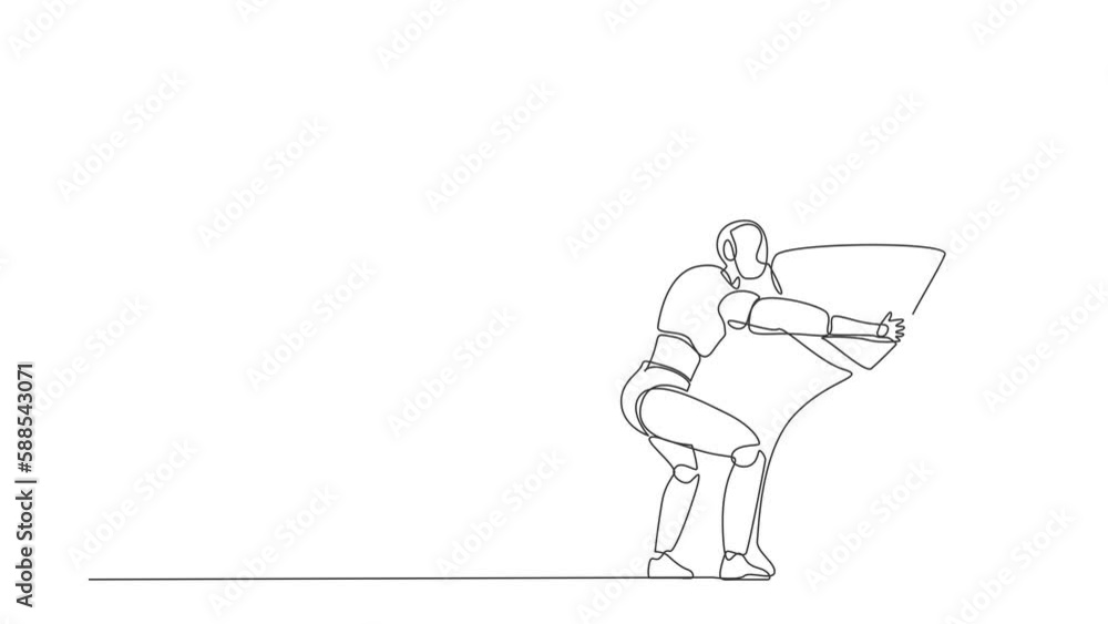 Poster animated self drawing of single continuous line draw robots hugging huge hourglass. modern robotics 