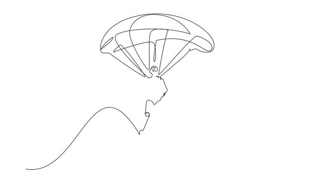 Animated self drawing of continuous line draw robots jump with parachute and holding target. Humanoid robot cybernetic organism. Future robotics development concept. Full length single line animation