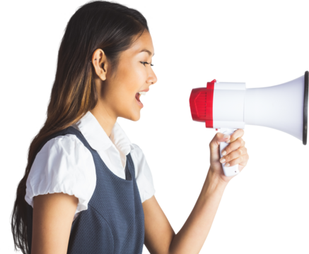 Businesswoman shooting through a megaphone