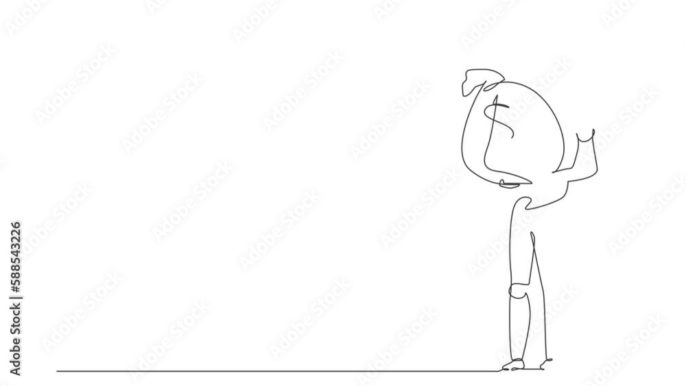 Poster self drawing animation of single one line draw robot carrying big sack full cash money. future devel