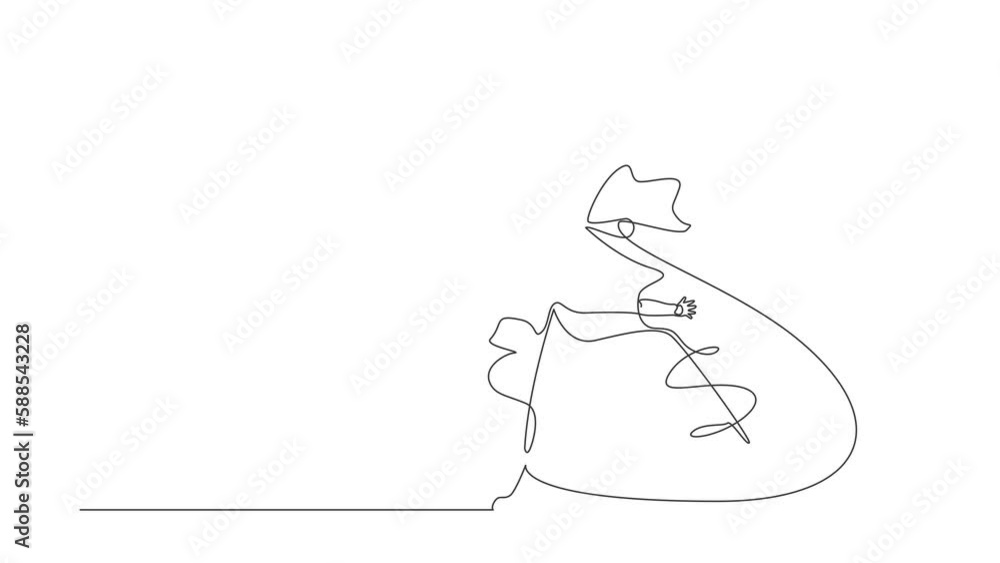 Poster animated self drawing of continuous one line draw robots hugging huge bag full cash of money. humano