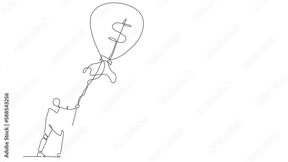 Poster animated self drawing of continuous line draw robots holding flying money bag dollar balloon with ro